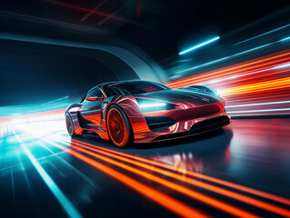Fototapeta na wymiar Abstract futuristic racing sportscar on neon background