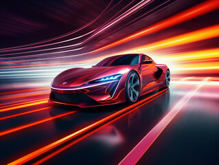 Red futuristic racing sportscar on neon background