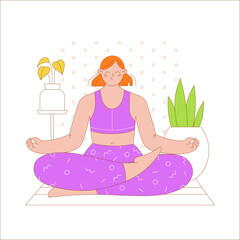 Fototapeta na wymiar Young female character sitting on the floor in meditation pose. Flat outlined colorful vector illustration.