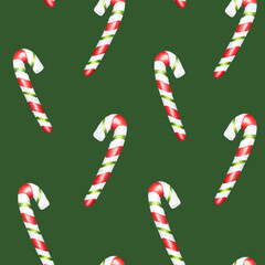 Watercolor christmas seamless pattern with candy cane illustration. New year hand painting lollipop isolated on white background. For designers, food