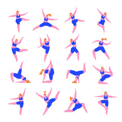 Fototapeta na wymiar Set of colorful cartoon women characters in various dynamic dancing poses. Flat colorful people vector illustration. 