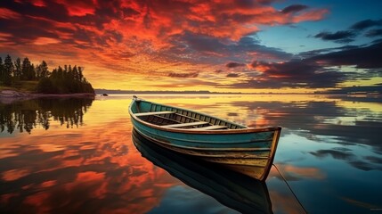 Fototapeta na wymiar Red sky with an orange boat at the lake