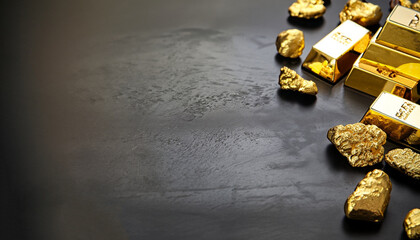 Gold ingots and nuggets on a black table. Space for text