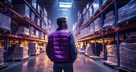 business people at a big warehouse full of pallets with cartons, generative ai"