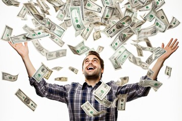 Man with cash falling from the sky, generative ai