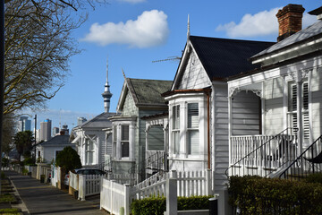 Old wooden villas on a street in Auckland, New Zealand
