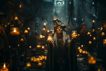angry witch is preparing spell. Halloween concept. Horror movie