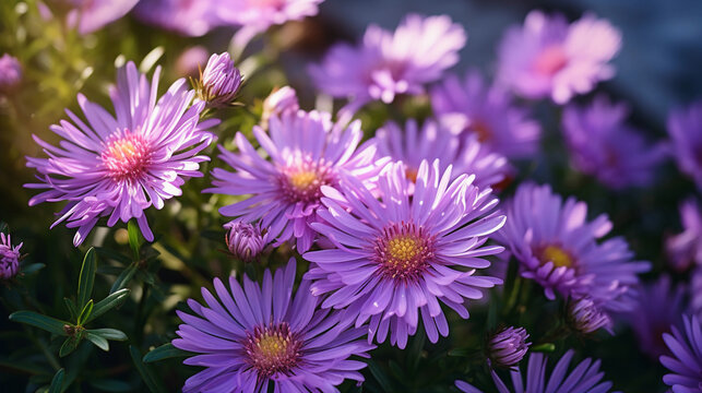 Aster Garden in Full Bloom: Springtime Splendor. Full bloom aster garden bringing forth the essence of springtime splendor with its intricate and beautiful flowers. Generative ai