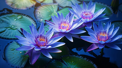 Blue Lotus Serenity: Spring Garden Retreat. Serene retreat offered by the presence of blue lotus (Nymphaea caerulea) flowers in a photorealistic spring garden. Generative ai
