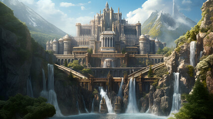 A fantasy castle sits on top of multiple waterfalls