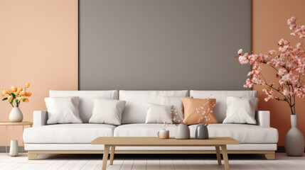 A living room with a couch and a coffee table. Digital image. Painting mockup.