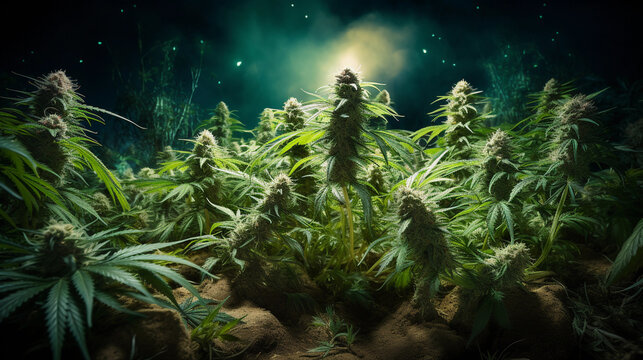 Jack Herer's Garden Elegance. Elegance personified by the Jack Herer cannabis strain in a spring garden. its presence enhancing the natural surroundings. Generative ai