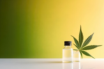 A bottle of cannabis oil next to a leaf. Digital image.