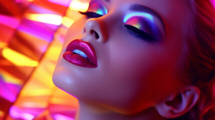 High fashion model with glowing make up and neon lights - Close up