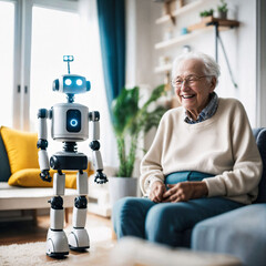 Robotic geriatric care in retirement home. Robotic assistant for elderly people. Robot caregiver. Companionship. Service robot. Humanoid android robot. Artificial intelligence. AGI. Generative AI