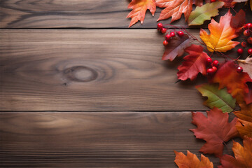 autumn leaves and red berries on wooden table background with copy space