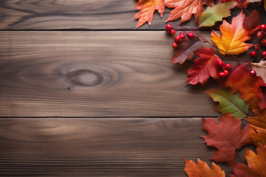 autumn leaves and red berries on wooden table background with copy space