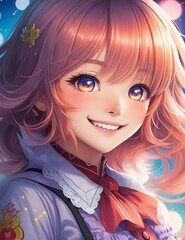 A vibrant, detailed illustration of an anime girl with a mischievous smile and twinkling eyes
