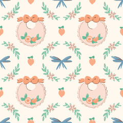 Vector doodle seamless pattern with baby items and plants.