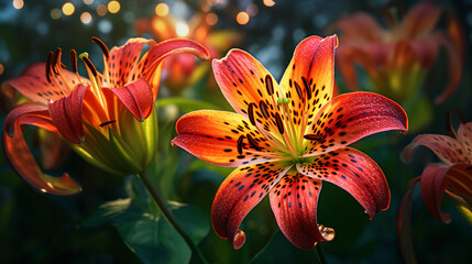 Gloriosa Lily Garden Majesty. Majestic presence and beauty of Gloriosa Lily flowers in a spring garden. evoking a sense of grandeur. Generative ai