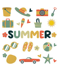 Colorful Set Of Different Beach And Summer Icons In Vintage Aesthetic