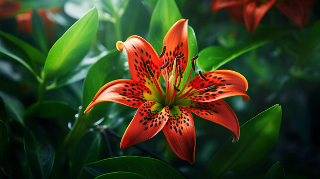 Gloriosa Lily Garden Elegance. Elegance and refinement brought by Gloriosa Lily flowers in a spring garden. enhancing the scene's beauty. Generative ai