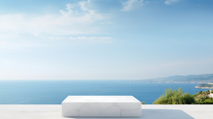 Fototapeta na wymiar White marble square podium with sea view on a sunny summer day in the background. High quality photo