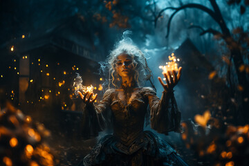 Dark and beautiful witch conjures on Halloween night. Fairy tales. Halloween magic - obrazy, fototapety, plakaty