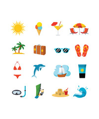 Set Of 16 Different Beach Vectors And Summer Icons
