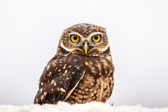 Burrowing An owl alone on a white backdrop. Its scientific name is Athene cunicularia. Generative AI