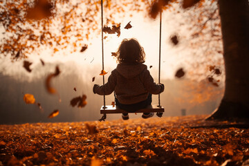 low angle photo of a kid swinging in the swing in autumn. High quality photo - obrazy, fototapety, plakaty