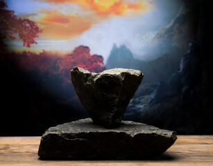 black stones for podium background. textured stones against the backdrop of fabulous nature with mountains and autumn sky for product presentation