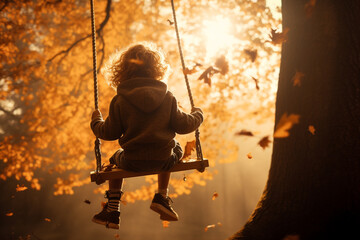 low angle photo of a kid swinging in the swing in autumn. High quality photo