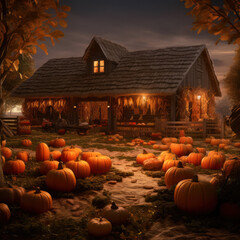 pumpkins on a farm in a scary halloween night. Generative AI