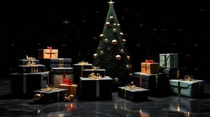 Gift boxes in black friday concept style around pine tree on black background.