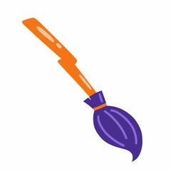 Witch purple broom. Vector doodle illustration. Halloween sticker.