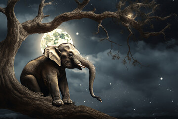 Elephant Sitting on a Tree With the Moon Overhead