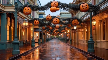 Places decorated for Halloween night.