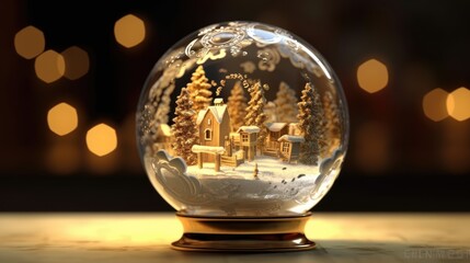 Fototapeta na wymiar Christmas snow globe isolated on background with yellow light.