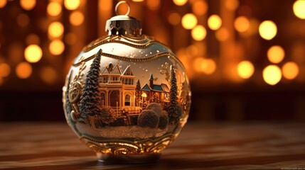 Christmas snow globe isolated on background with yellow light.