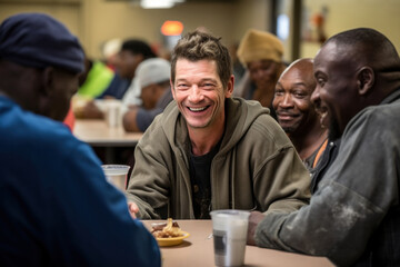 Fototapeta na wymiar Positive homeless white man sits at a table in a bustling shelter dining hall, surrounded by other individuals