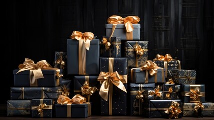 Black gift boxes on black background.