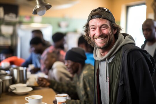 Positive homeless white man sits at a table in a bustling shelter dining hall, surrounded by other individuals