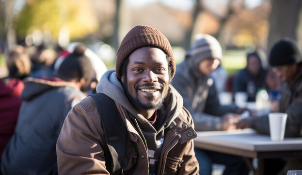 Positive black homeless man sits at a table in after having a free lunch, surrounded by other individuals