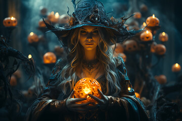 Dark and beautiful witch conjures on Halloween night. Fairy tales. Halloween magic - obrazy, fototapety, plakaty