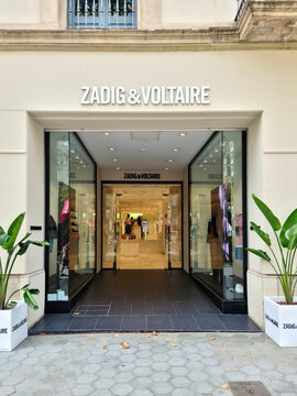 Barcelona, Spain - 22 July 2023: A noble boutique of the world-famous brand Zadig Voltaire in the shopping street of Barcelona.