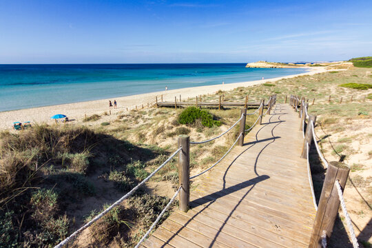 View of beautiful Son Bou Beach in Menorca (Spain)