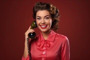 Cool 1950s Retro Woman Taking on a Telephone with Copy Space