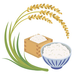 稲穂と升に入ったお米とご飯