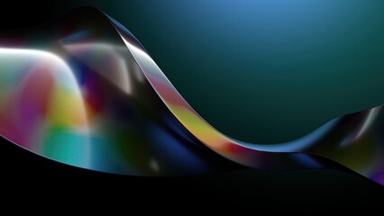 A background of an Elegant and Modern 3D Rendering image of a blue background and curved rainbow-colored metal plate